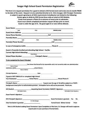 Fillable Online Sanger High School Guest Permission Registration Fax