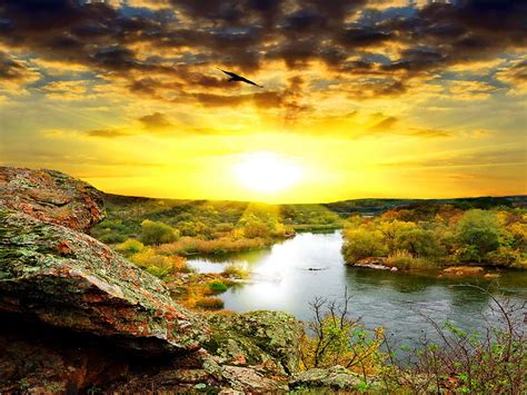 River Sunrise Stream Rocks Pretty Glow Shore Grass Dazzling