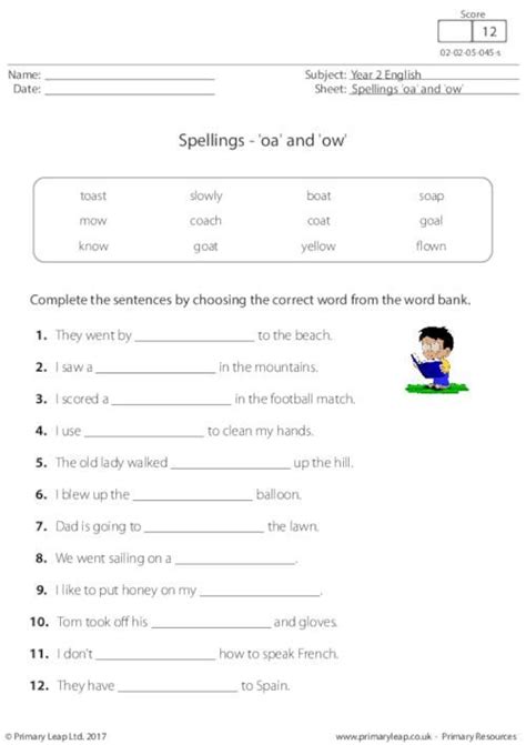 Primaryleap Co Uk Spellings Oa And Ow Worksheet Ks Maths