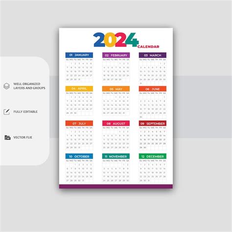 Vector Plantilla De Calendario 2024 Vector Editable Vector Premium