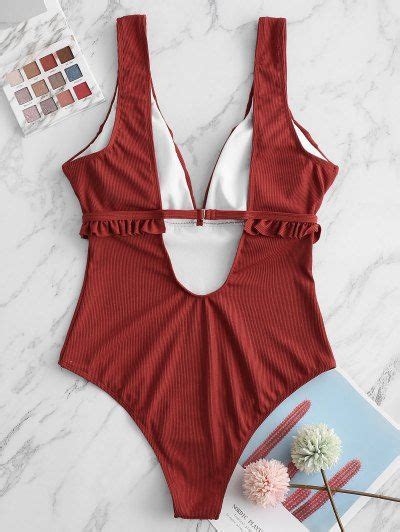 Zaful Plunge Ribbed Frilled One Piece Swimsuit Cherry Red Zaful