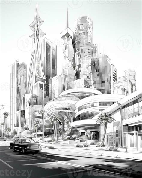 sketches of a city with a futuristic architecture and a car. generative ...