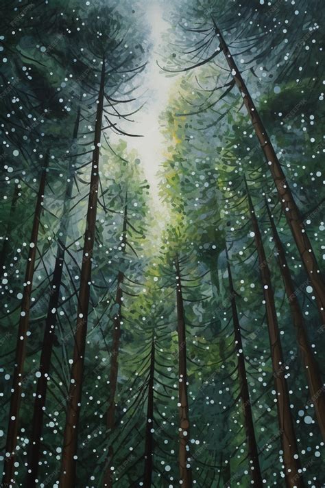 Premium AI Image | A painting of a forest with snow falling on the ground