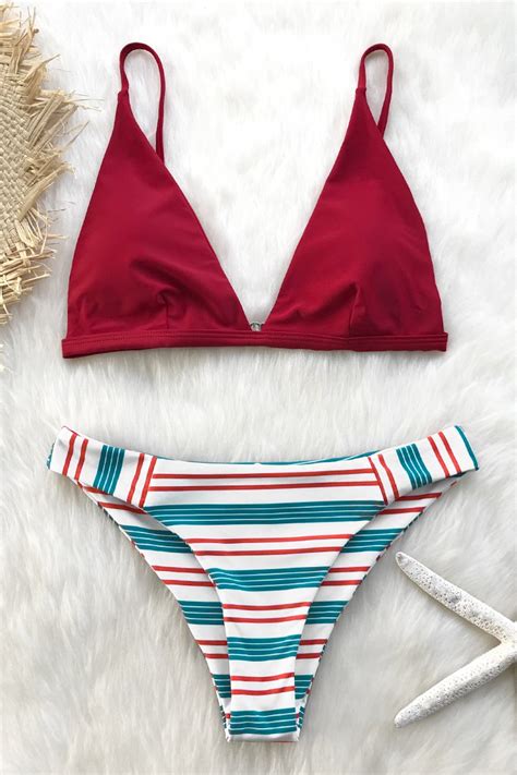 Bikini à Col V Rouge Blanc et Bleu Cupshe France