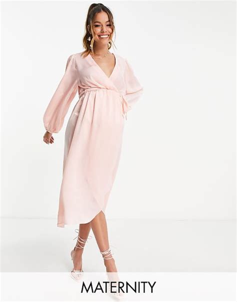 River Island Maternity Satin Wrap Midi Dress In Pink Asos