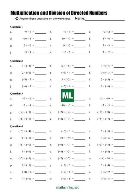 Multiplication and division of directed numbers - worksheet - MathsFaculty | Directed numbers ...