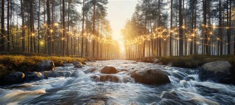 Imagem Gerada Rio Encantador Corre Por Uma Floresta Ao P R Do Sol