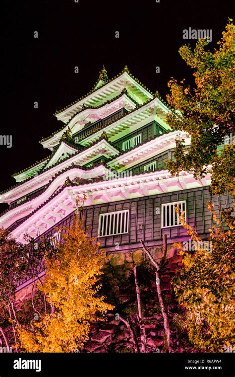 Night view of Okayama Castle, a historic samurai castle in Okayama ...