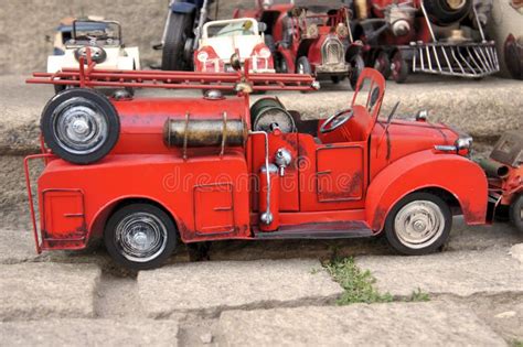 Red Toy Vintage Metal Car Firetruck Stock Photo - Image of childhood ...