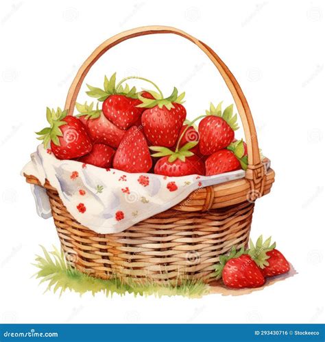 Juicy Strawberry Picnic Basket Watercolor Illustration Stock