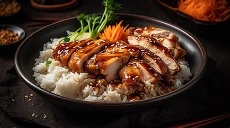 Premium AI Image | A bowl of rice with a chicken and sauce.