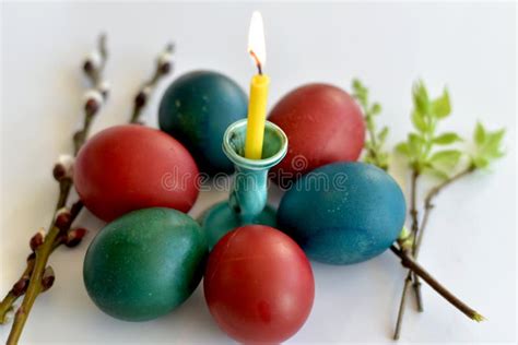 Easter Eggs Folded In A Circle And Pussy Willow Twigs On The Table Stock Photo Image Of Easter
