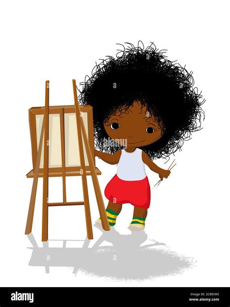 Little Girl Artist With Easel And Brushes Vector Isolated Over White