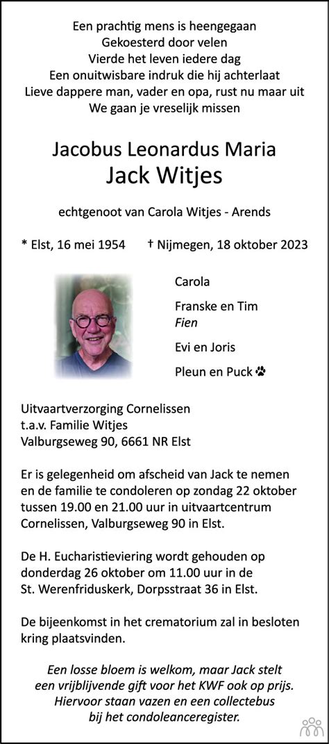 Jack Jacobus Leonardus Maria Witjes 18 10 2023 Overlijdensbericht En