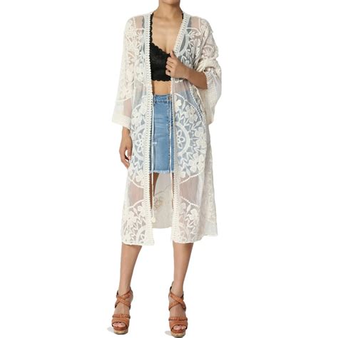 Themogan Themogan Womens Embroidered Sheer Mesh Lace Duster Cardigan