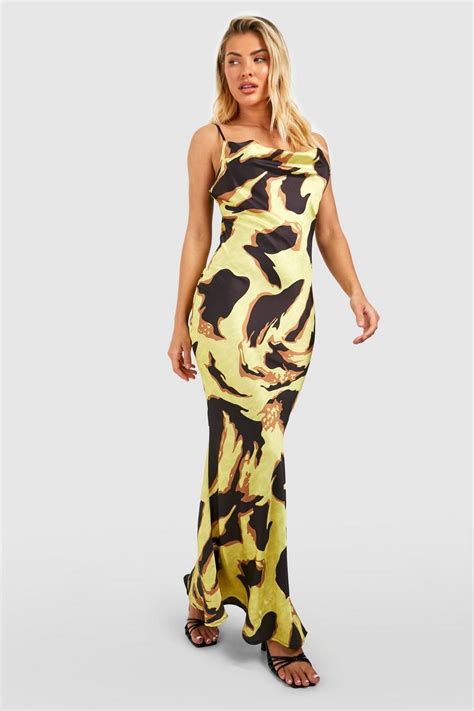 Printed Cowl Neck Slip Maxi Dress Boohoo