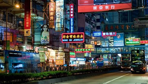 City Street Cityscape Hong Kong Night Road Town Buses