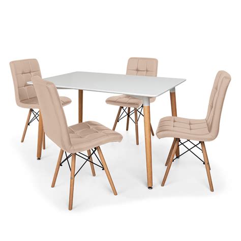 Conjunto Mesa De Jantar Eiffel 120x80cm Branca 4 Cadeiras Eiffel Gomos Estofada Nude Leroy