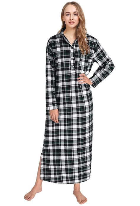 Womens Plaid Flannel Nightgowns Full Length Sleep Shirts Latuza