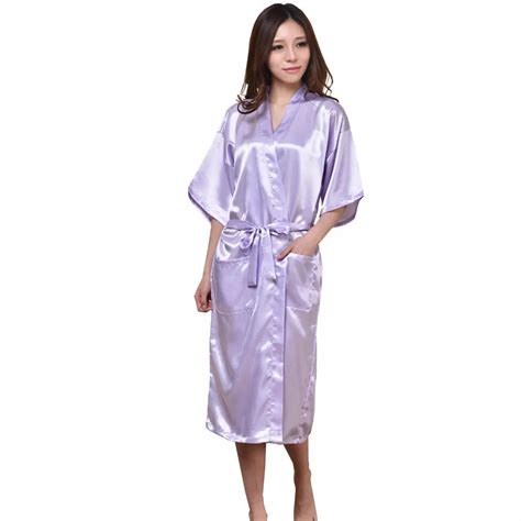 New Light Purple Long Sexy Silk Robe Summer Casual Nightgown Solid