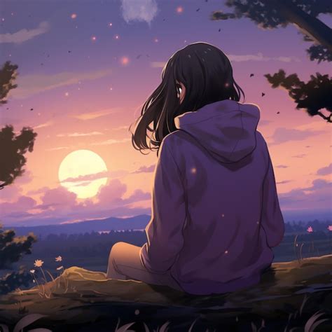 Premium Photo | Anime girl sitting on a rock looking at the sunset generative ai