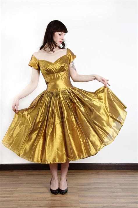 1950s Sharkskin Dress Vintage Gold Taffeta Cocktail Gown Etsy