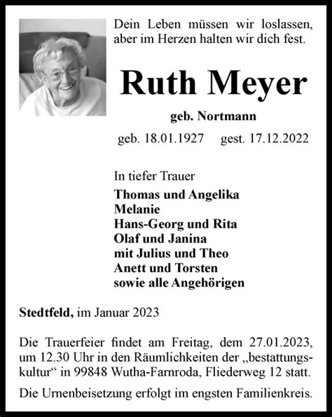 Traueranzeigen Von Ruth Meyer Trauer In Thueringen De