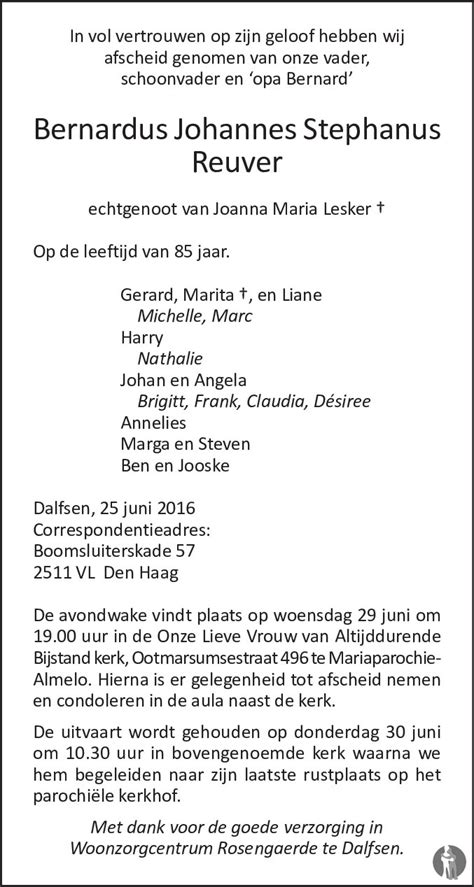 Bernardus Johannes Stephanus Reuver 25 06 2016 Overlijdensbericht En