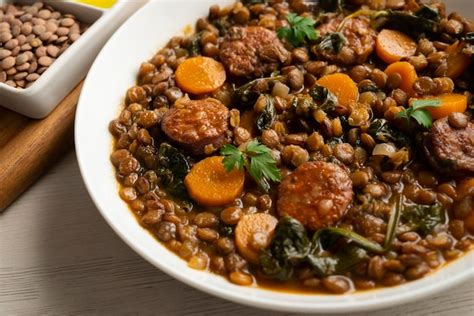 Premium Photo Lentil Stew With Chorizo And Carrot Traditional Spanish Recipe