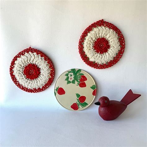 Vintage Hot Pads Trivets Crocheted Strawberry Pro Tex Table Mat Red White Set Etsy