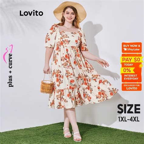 Lovito Plus Size Curve Boho Floral Ruffle Hem Ruched Puff Sleeve