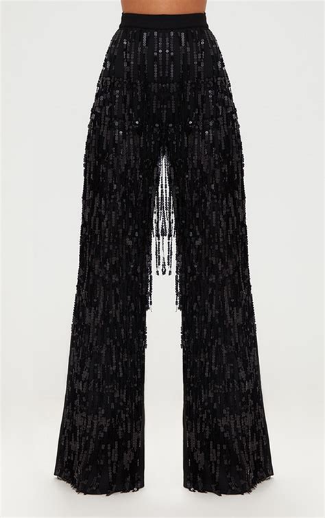 Black Sequin Tassel Wide Leg Trousers Prettylittlething