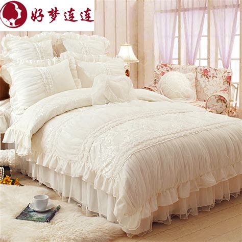 Korean Style White Satin Jacquard Bedding Set Ruffle Lace Duvet Cover