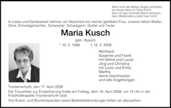 Traueranzeigen Von Maria Kusch Trauer Hna De