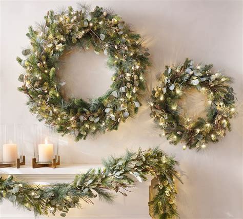 Lit Faux Eucalyptus And Pine Wreath Garland Pottery Barn