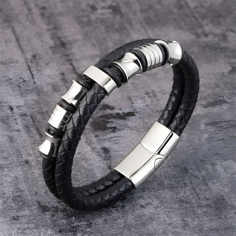 Bracelet Homme Cuir Tresse Noir Acier