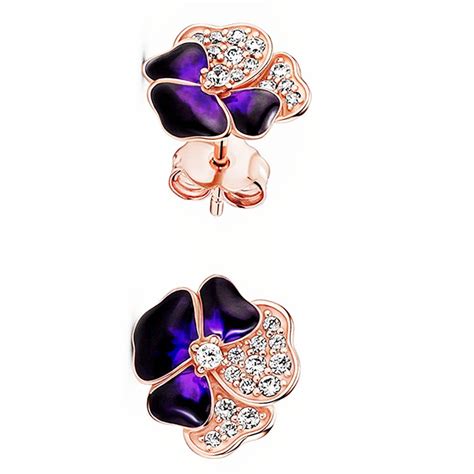 Pandora 14k Rose Gold Deep Purple Pansy Flower Stud Earrings 280781c01