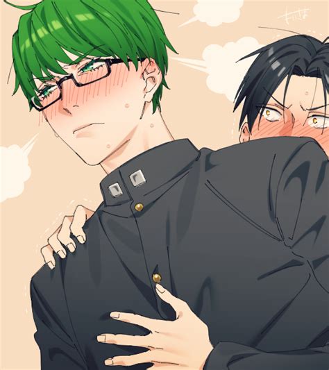 Blush Male Focus Multiple Boys 2boys Glasses Green Hair Black Hair Illustration Images