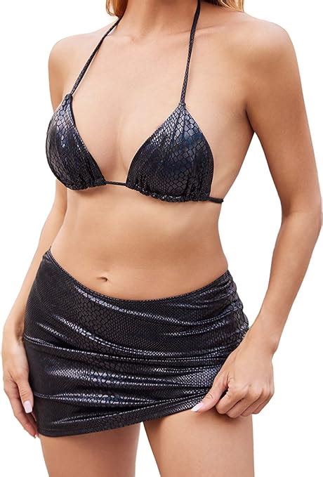 Amazon Makemechic Women S Piece Swimsuits Snakeskin High Cut Bikini Set With Beach Skirt