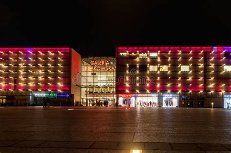 Beautiful And Colorful Glowing Facade Of Krakow Shopping Mall Over Main