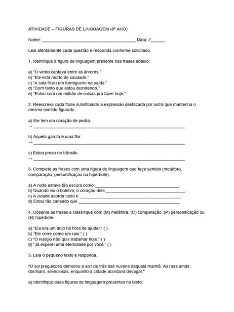 Atividade - Figuras de Linguagem (8º Ano) | PDF | Metáfora