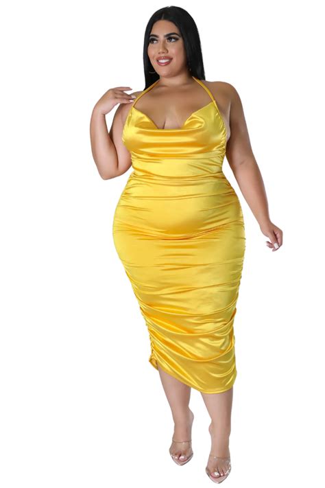 Final Sale Plus Size Halter Bodycon Satin Dress In Yellow Chic And Curvy