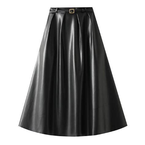 Ydojg Skirts For Women Spliced Pu Leather Skirt High Waist Wide Swing