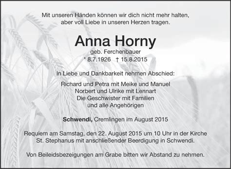Traueranzeigen Von Anna Horny Schwaebische De Trauerportal
