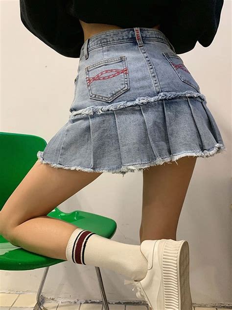 Emmiol Free Shipping 2024 Pleated A Line Denim Mini Skirt Blue S In