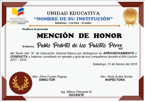 Mencion De Honor Editables En Word Para Imprimir Ayuda Docente