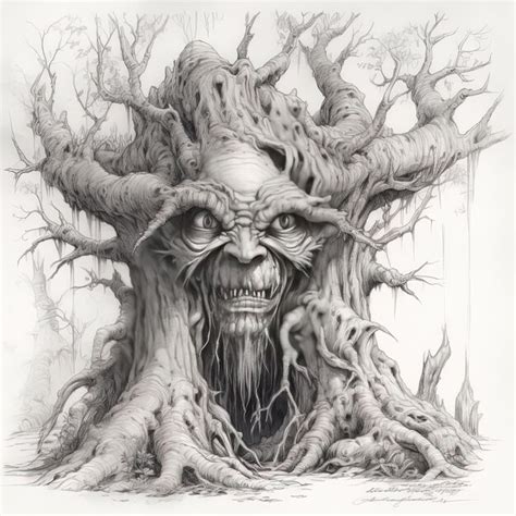 Premium Photo | A drawing of a tree with a scary face and a scary face.