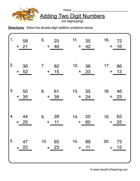 Free Addition Worksheets Without Regrouping