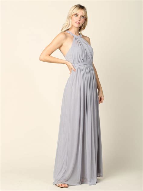 Blush Long Halter Bridesmaid Chiffon Dress - Formal Dresses & Gowns
