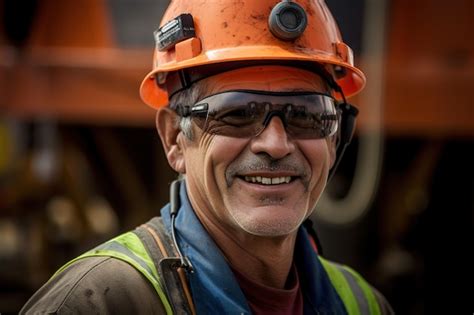 Premium Photo A Man Wearing A Hard Hat And Glasses Smiles At The Camera